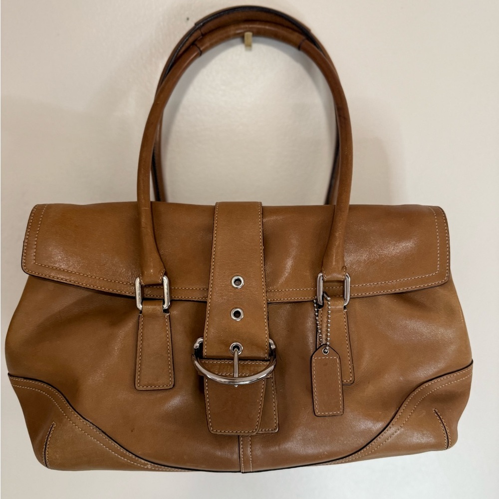 Coach Vintage Soho Hampton buckle flap Satchel Classic Tan Leather #9550